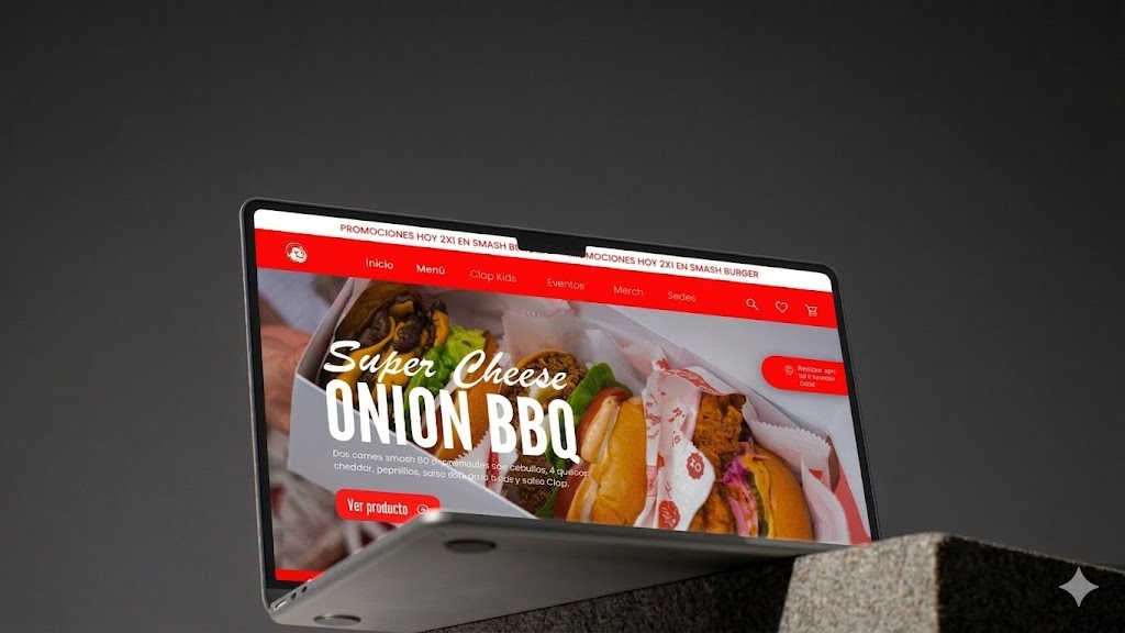 High-fidelity web design for Clap Burgers by Salo Martínez, featuring a bold hero section with high-quality food photography and intuitive navigation. UX Professional