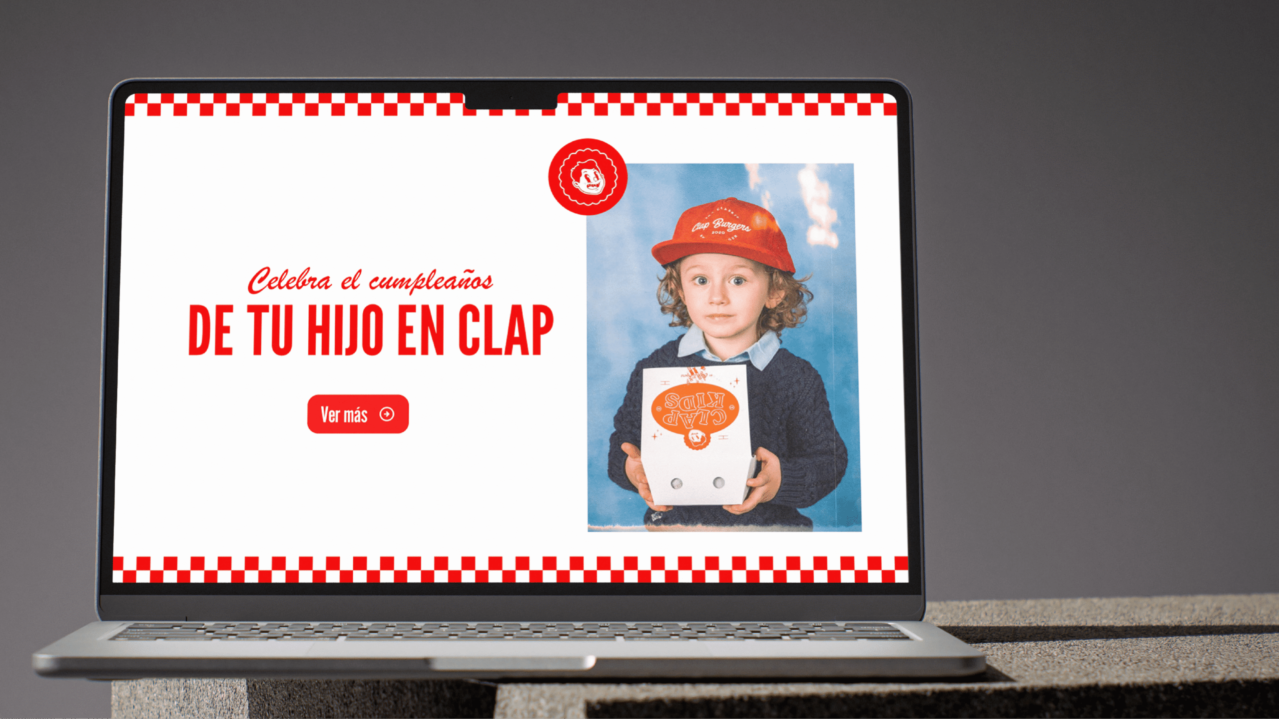 Web design desktop mockup of the Clap Burgers homepage by Salo Martínez, featuring bold typography, high-contrast colors, and appetizing food photography.
