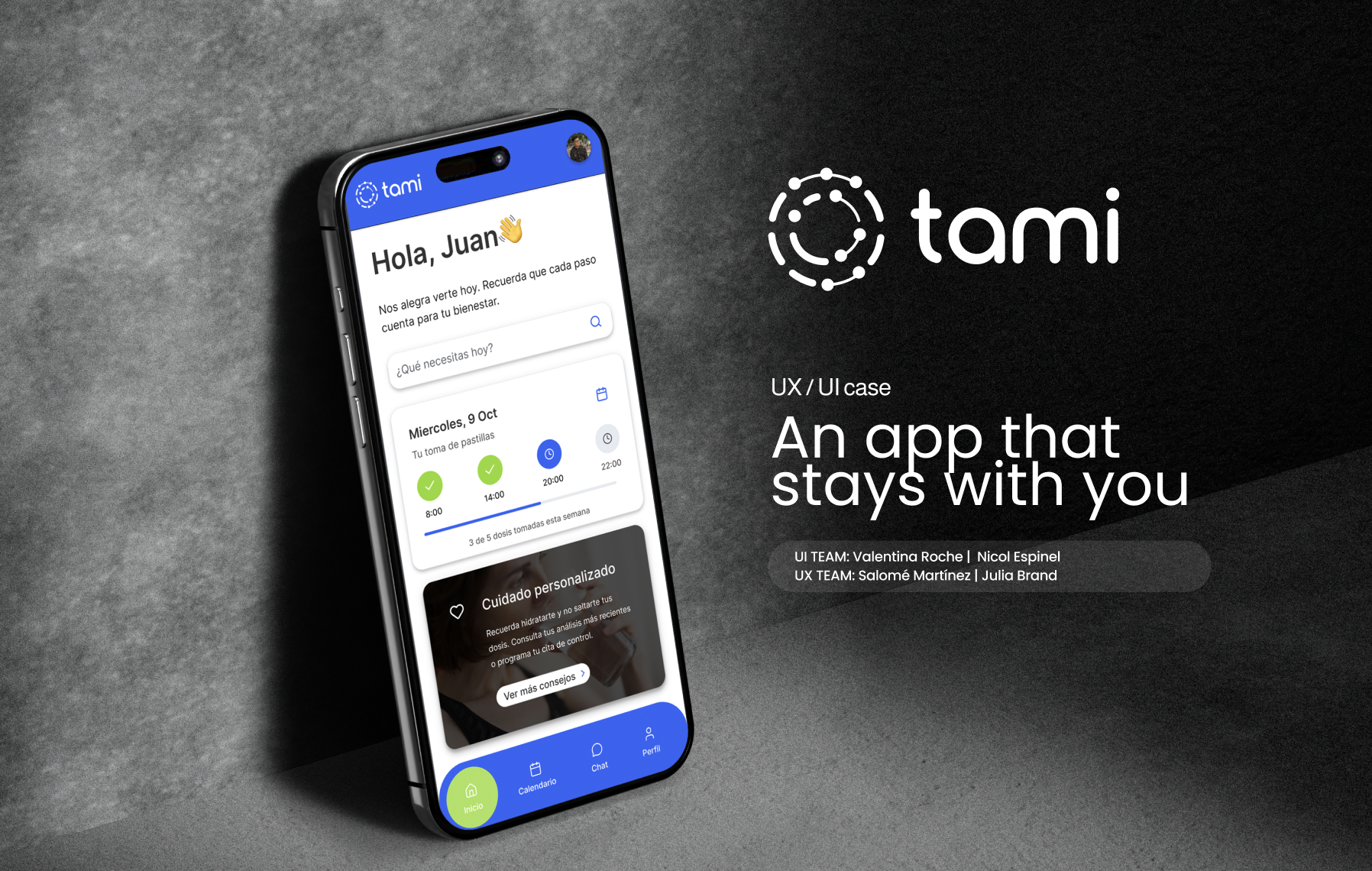 High-fidelity mobile app interface for Tami, a UX case study by Salo Martínez focused on healthcare and treatment adherence.Graphic Designer & UX Professional