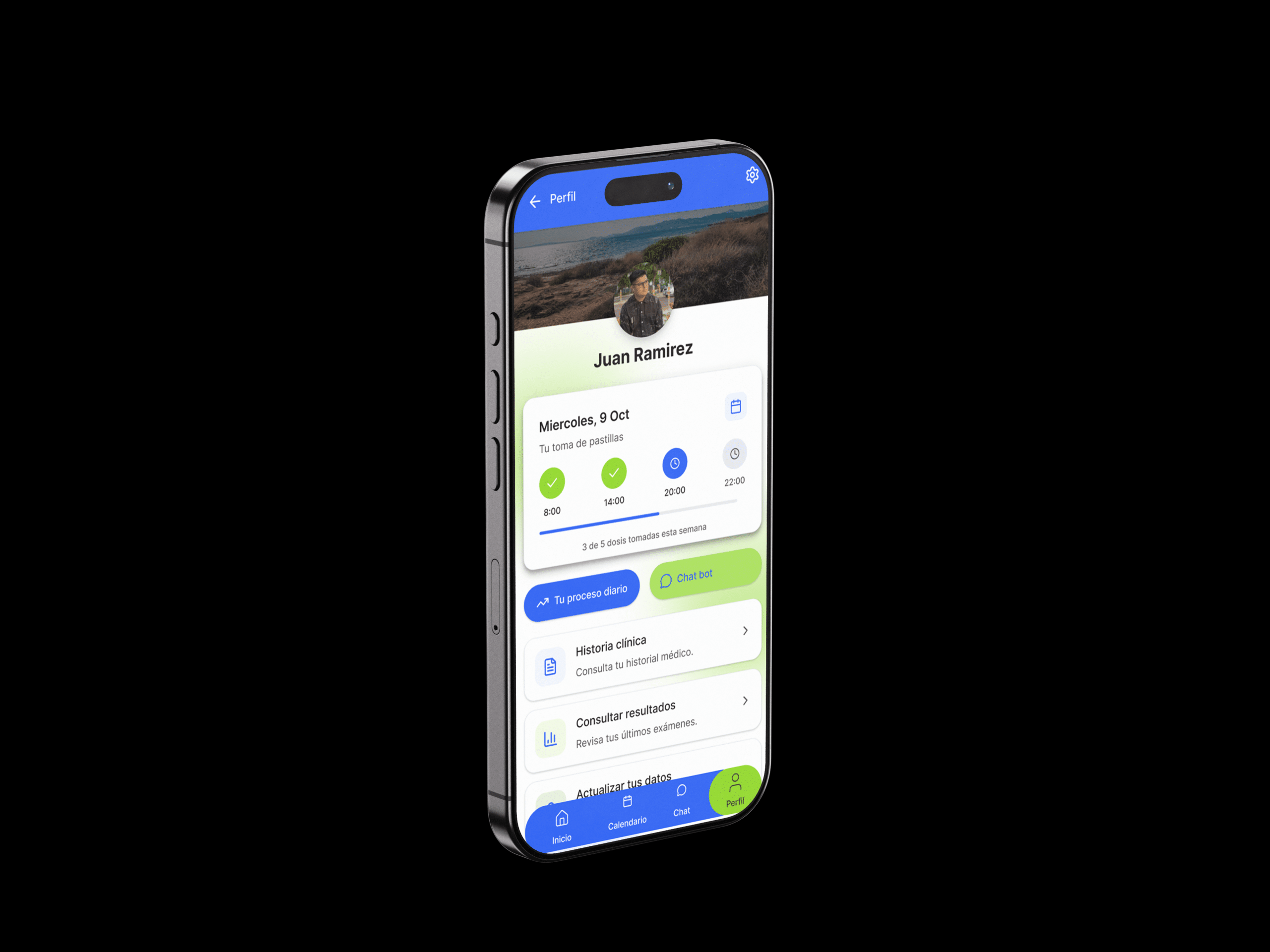High-fidelity mobile app interface for Tami, a UX case study by Salo Martínez focused on healthcare and treatment adherence. profile page